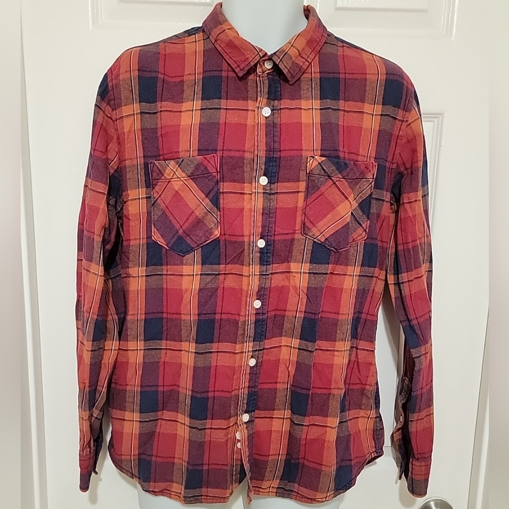 44MM Shirt Men's Flannel Button Long Sleeve Plaid 100% Cotton Size Large